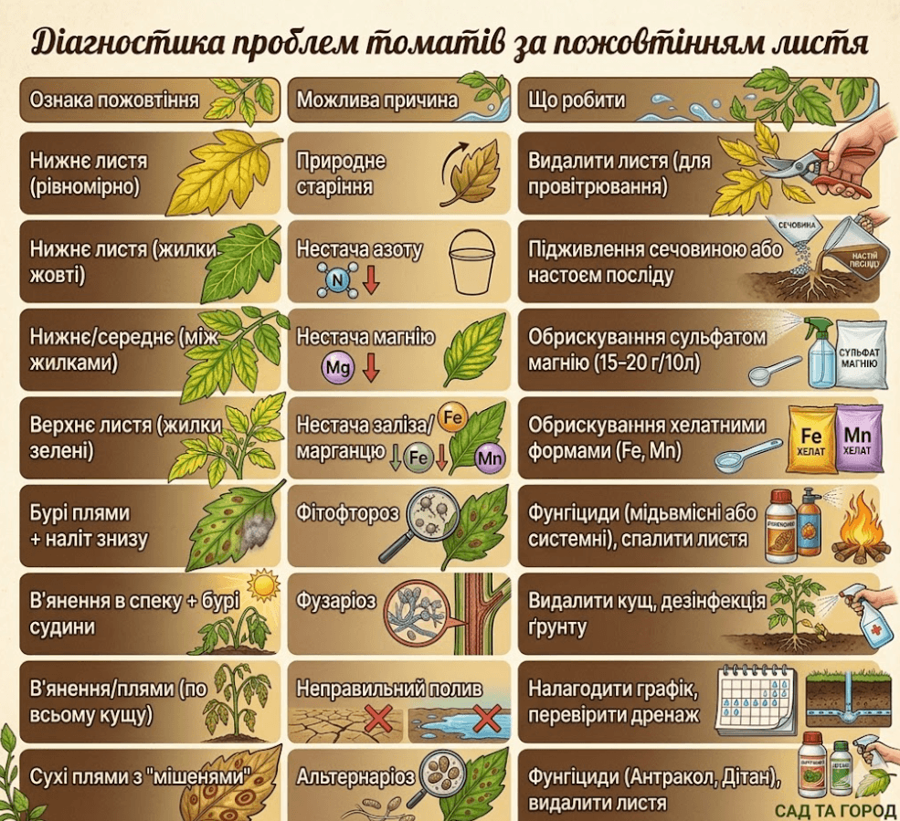 Чому жовтіє листя на томатах